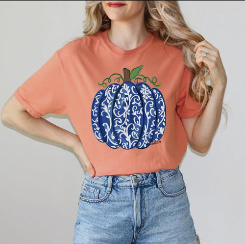 Blue Chinoiserie pumpkin adult shirt