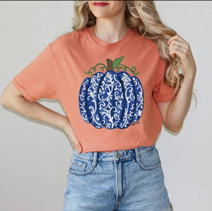 Blue Chinoiserie pumpkin adult shirt